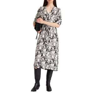 SEE BY CHLOE Black White Tie Front Midi V-Neck Long Sleeve Dress size 42 US 10